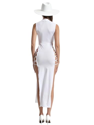 Image of Women's Sexy Double High Slit Mock Neck Goth Y2k Dress 2026 Summer Rave Outfits Party Club Long Maxi Dresses