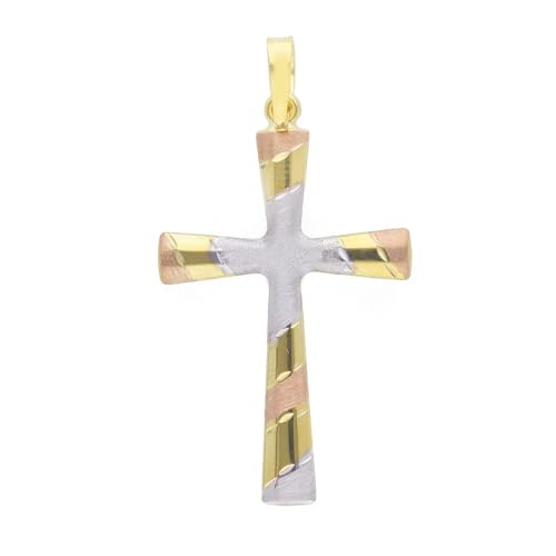 Pendentif croix en or 18k tricolore 750 avec finitions travaillées et brillantes de 30 mm