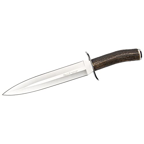 Muela Cuchillo de Caza Vikingo VIKINGO-23A con Hoja de Acero Inoxidable MoVa de 23 cm y empuñadura de asta de Ciervo de 13,5 cm para Caza, Pesca, Supervivencia y Bushcraft + Portabotellas de Regalo