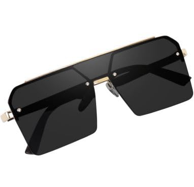 SpadeAces Oversized Stylish Look Square Rimless Sunglasses, Black Tint Lens, Gold Metal Frame For Boys & Men Retro design