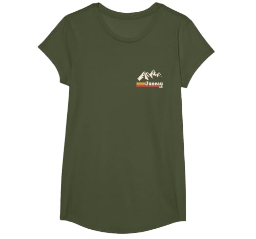 Retro Juneau Alaska AK Mountain T-Shirt, Girls, Olive Green, Large
