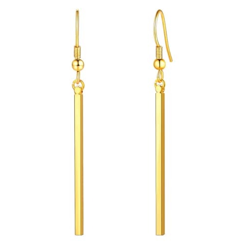 Image of FOCALOOK Gold Earrings for Women, Womens Hypoallergenic Ear Dangle, Stainless Steel Drop Earring, Long Vertical Bar Dangles, Valentines Jewellery Gift for Girlfriend