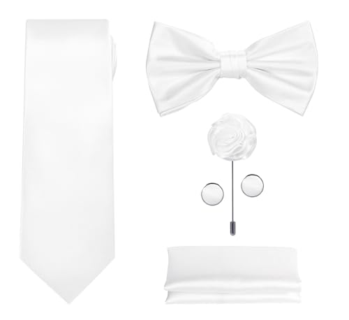 TIE G 5pcs Tie Set in Gift Box : Solid Color Necktie Satin Bow Tie Pocket Square Lapel Cuff Links (White)