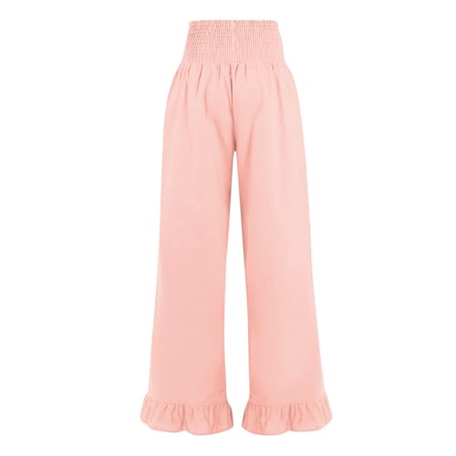 Image of Palazzo Pants for Women Linen Smocked Elastic Waist Ruffle Wide Leg Pants Summer Beach Flowy Boho Pant with Pockets