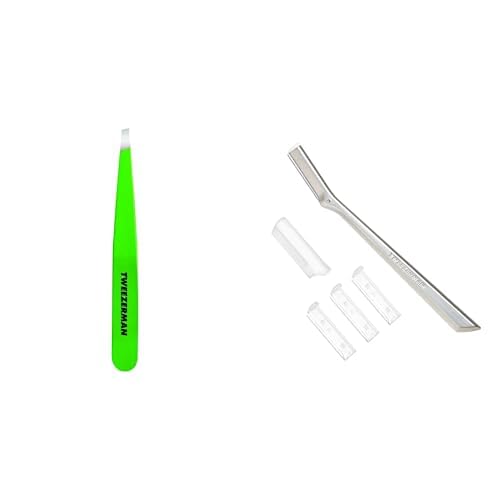 Tweezerman Green Apple Slant Tweezer & Dermaplaning Razor Facial Razor with 3 Spare Blades Included, (Pack of 2)