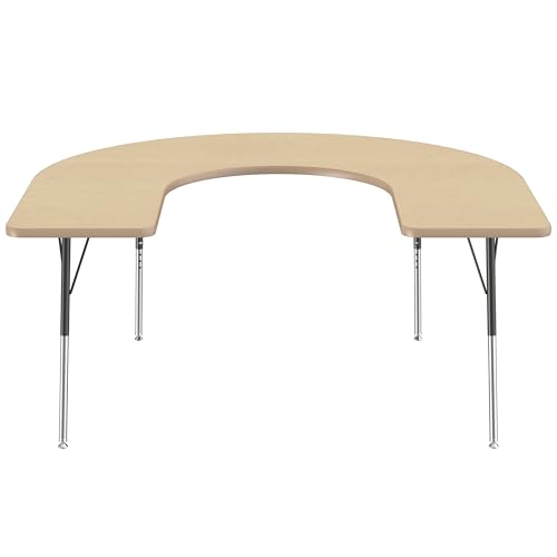 Image of FDP Horseshoe Activity School and Office Table (60 x 66 inch), Standard Legs with Swivel Glides for Collaborative Seating Environments, Adjustable Height 19-30 inches - Maple Top and Maple Edge