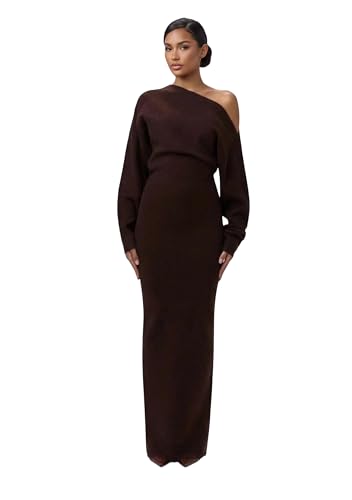 Image of OMZIN Womens Daily Casual Dress Autumn Sweatshirt Dress Solid Color Comfy One Shoulder Dresses Coffee 2XL