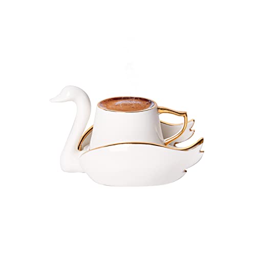 KARACA Swan Set mit 2 Kaffeetassen, 90 Ml Mokkatassen, Robuste Espressotassen Mokkatasse, Traditional Türkisch Kaffeetassen Set, Cappuccino, Porzellan Cover