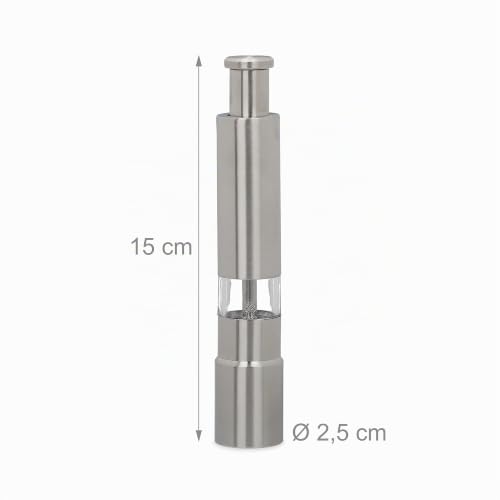 Relaxdays 10023303 Salière, Poivrier, Lot de 2, manuel, Moulin à Sel, Poivre, Épices, inox Meule Céramique réglable, argenté, Acier inoxydable, 15 x 2,5 x 2,5 cm – vue 4