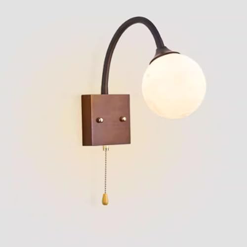 LOGT Cuello de Cisne 360 ° Giratorio Lámpara de Pared con Interruptor Vintage Industrial Wall Light Flex Brazo Ajustable Aplique de Interior de Madera de Lámparas de Pared con Pantalla de Cristal E27