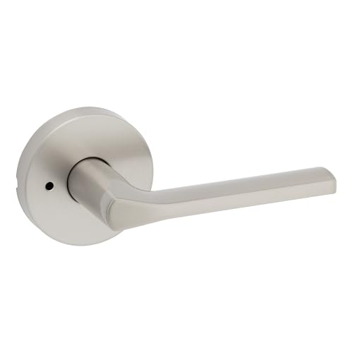 Kwikset Lisbon Interior Privacy Door Handle with Lock, Round Lever for Bathroom and Bedroom, Satin Nickel Reversible Keyless Push Button Lock Door Lever, with Microban Protection