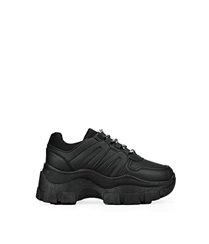 BOSANOVA Zapatillas Negras con Detalle de Trekking en los Cordones y Ligera Suela de Plataforma de 6,5 cm. Cierre con Cordones jaspeados. Calzado para Mujer Negro 38