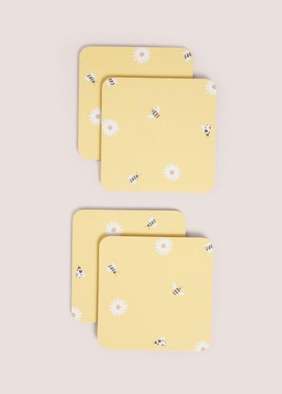 New Adorable 4 Pack Yellow Daisy Bee Design Cork Coasters Practical And Eco-Friendly Drink Coasters a Delightful Touch To Your Home Decor - T32