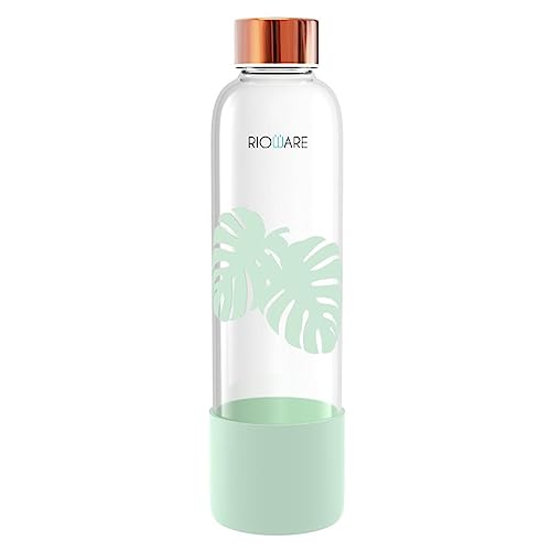Image of Rioware Purifa Borosilicate Glass Water Bottle With Silicon Sleeve (750Ml) | Airtight Lid | Leak Proof | Golden Cap | Fridge Water Bottles For Home, Office & Gym (Green, 750 Ml- Pack Of 01)
