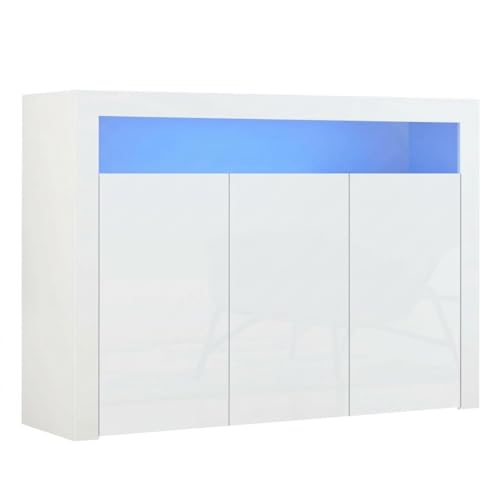 Panana High Gloss 3 Door Sideboard Cupboard with LED Lights Large Display Cabinet Storage Unit for Living Room Bedroom (White)