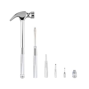 6-in-1 mini multifunctional metal hammer and screwdriver hand tool for opening walnuts, including cross and flat screwdrivers, home repair tools, and camping hammer set (Silver)