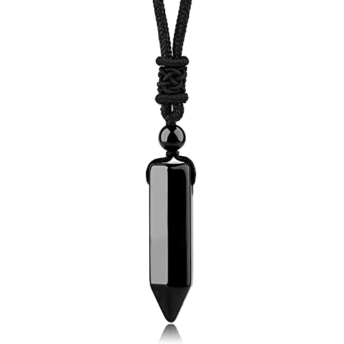 Hexagonal Crystal Point Pendant Necklace Black Obsidian Healing Stone Necklace Adjustable Rope Reiki Gemstone Necklace Handmade Jewelry for Men Women