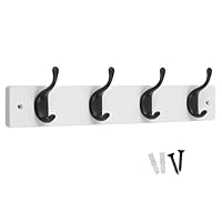 Keypak 4 Matte Black Coat Hooks on White Wooden 46cm Board - Modern Wall Door Mounted Coat Rack Clothes Hanger