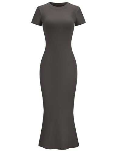Image of LOMON Women Fishtail Hem Ribbed Maxi Dresses Summer Casual Stylish Y2k Sexy Fitted Lady Elegant Cotton Soft Lounge Dress