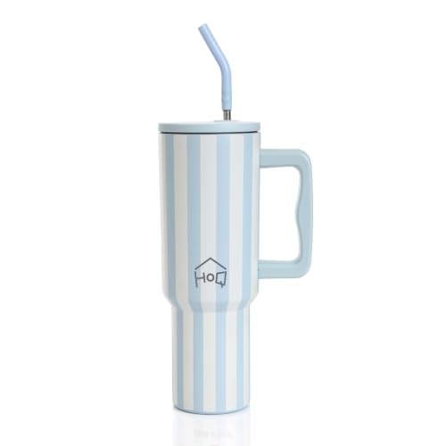 Image of House of Quirk 1200ML Stainless Steel Tumbler with Handle & Lid, 2 Straws - Large Travel Mug Water Cup for Gym, Office & Outdoor Use (Coastal Stripe)
