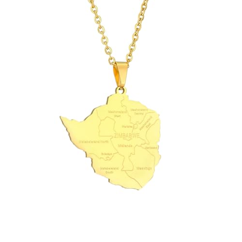 SAKVILSEC Gold Color Africa Map & Cities Pendant Jewelry Stainless Steel African Countries Map Necklaces For Women Men(Zimbabwe 17.7 Inches)