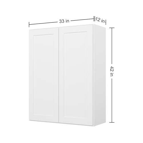 Image of Furinno Shaker Wall Kitchen Cabinet in Shaker White 2-Door-3 Shelves, Ready to Assemble, 33 in. W x 12 in. D x 42 in. H, White