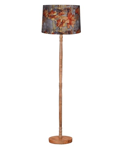 Image of Homesake Mid Century Modern Floor Lamp for Living Room | Hand Turned | Corner Lamp for Living Room, Stand Lamp with Fabric Lampshade for Bedroom, Study Room and Office, (Floreo Meadow)
