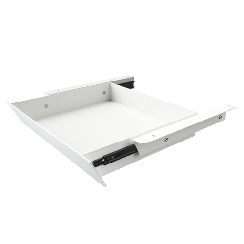 Image of White Under Desk Mounted Sliding Drawer with 60 Degree Tilt Panel to pull out, 15'' long & 9'' deep Large Storage Organizer for Sit Stand Workstation