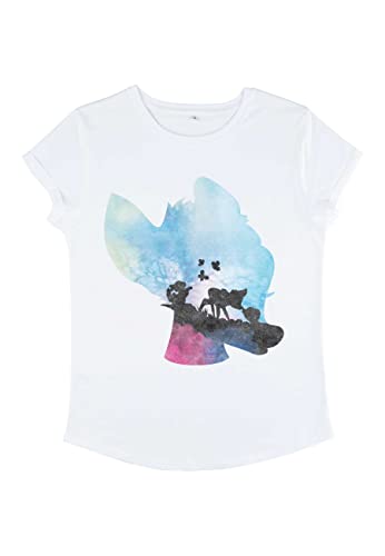 Disney Watercolor Bambi Women's Organic Rolld Sleeve T-Shirt Camiseta, Blanco, L para Mujer