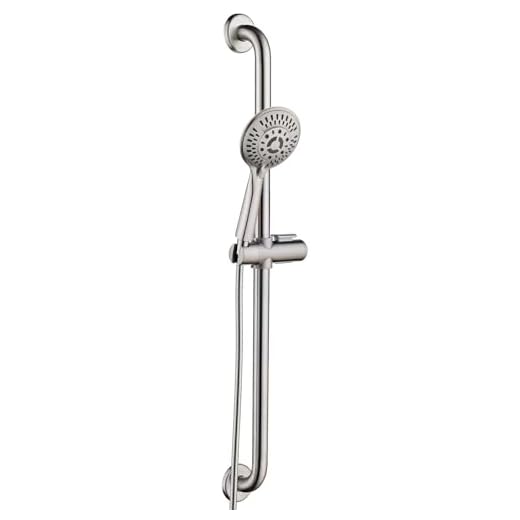 BRIGHT SHOWERS Stainless Steel Slide Bar Grab Rail Set Ada compliant Includes Handheld Shower Head and 69-Inch Hose (Brushed Nickel)