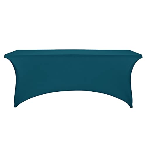 Image of FORLIFE Fitted Spandex Table Cover - Peacock Pattern (6ft Rectangular Tables for Wedding, Banquet, Party)