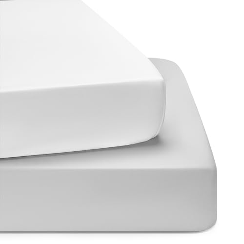 Image of TILLYOU Baby Crib Sheets for Boys Girls, Fitted Crib Sheet 2 Pack for Standard Crib and Toddler Mattresses, Super Soft Toddler Bed Sheets, 28"x52"x8", White & Gray