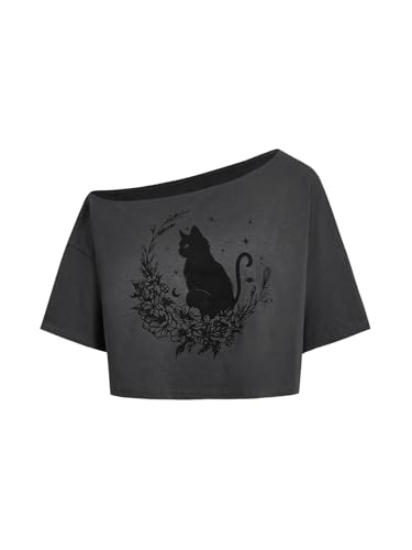 SOLY HUX Women's Plus Size Off The Shoulder Crop Tops Graphic Tees Short Sleeve Loose Fit T Shirts