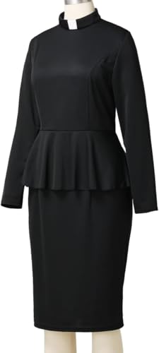 FAD-4U Church Clergy Dress for Women Minister Long Sleeve Ruffle Slim Pencil Dress with Tab Insert Stand Collar4