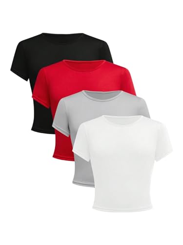 Girl's 4 Pack Slim Fit Crop Tops Short Sleeve Crewneck Summer Shirts Tops Basic Layer Tees