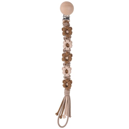 Image of Pacifier Clip for Boys Girls Floral Daisy Macrame Baby Paci Clip Pacifier Holder Leash Boho Wooden Clips Handmade Braided Cotton Binky Clips (1pack:Maillard Style)
