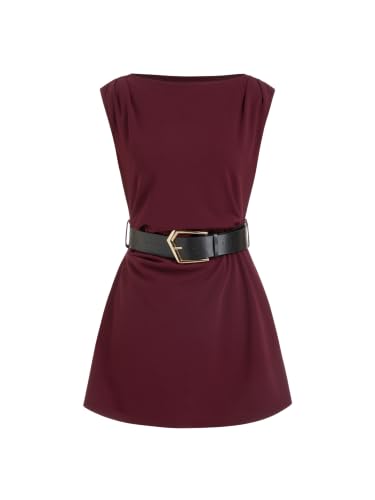 Image of CIDER Womens Boat Neck A Line Mini Dress Ruched Belted Sleeveless: Purple Fig, S