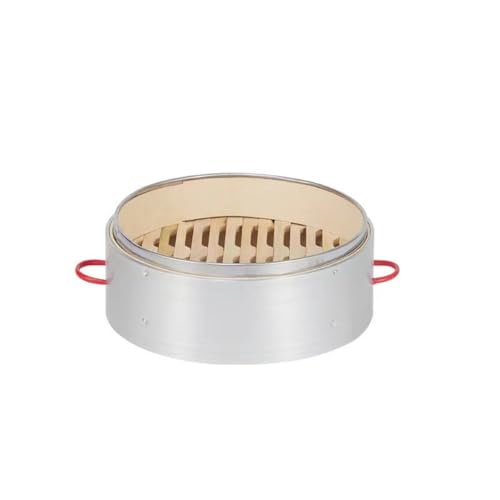 Cesta de vapor de bambú, vaporizadores chinos de alimentos, anillos de aluminio con borde de sellado con tapa de asa para cocinar arroz de pescado Dim Sum (20 cm de mango de goma)