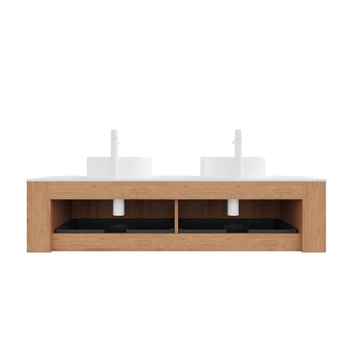 Image of KEIKI 60 inch Wall-Mounted Floating Vanity, Modern Bathroom Vanity with Sinks and 3D Striped Drawer Fronts, 2 White Ceramic Vessel Basins, Pre-Assembled Storage Cabinet for Bathroom, Natural Wood