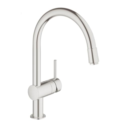 GROHE Minta Robinet de Cuisine, Mitigeur Cuisine avec Douchette Extractible, Bec C, Rotation 360°, Supersteel, 32918Dc0 (Import Allemagne)