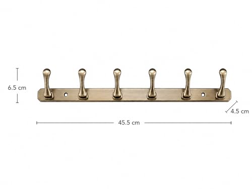 Image of ELUVIA Zinc Alloy 6 Hook Wall Hook Rail, Heavy Duty Wall Mounted Coat Hook for Clothes, Towels, Keys & Bags, Antique Brass Finish, Bathroom Kitchen Bedroom Organizer (Pack of 1)