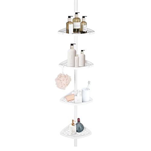 J&V TEXTILES Rustproof Shower Caddy Corner for Bathroom,Bathtub Storage Organizer for Shampoo Accessories,3 or 4 Tier Adjustable Shelves with Tension Pole,Up to 8 Feet (4-Tier)