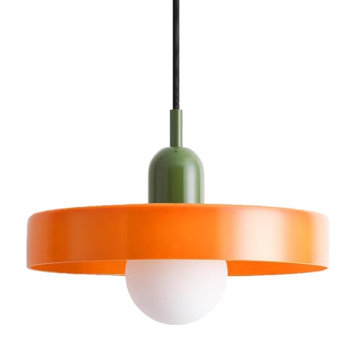HJXDtech 35cm Lampada a Sospensione Rotondo in Vetro Colorato e Finitura Verde​​, Vintage Moderna Lampadario Sospeso da Soffitto E27 per Cucina, Sala da pranzo, Salone (Arancione)