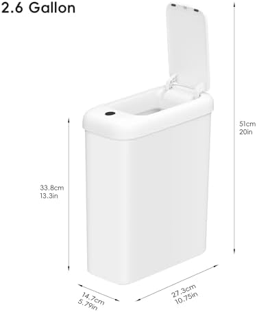 Automatic Bathroom Trash Can with Lid, 2.6 Gallon Slim Touchless Garbage Can, Waterproof Motion Sensor Trash Bin for Bathroom, Office, Kitchen, White