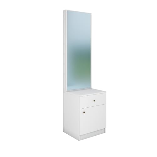 Image of VIKI | Engineered Wood Dressing Table with 1 Drawer & 1 Door, Mirror and Huge Storage Space | Vanity for Living Room, Bedroom (Frosty White - 43.8W x 40D x 182.6H cms)