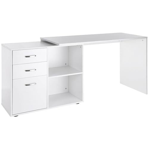 HOMCOM Bureau d'angle Bureau Droit modulable Table de Salle à Manger 2 en 1 Bureau Informatique tiroirs x 3 + 2 niches MDF Blanc