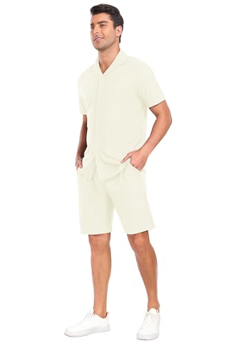 PrinStory Mens Short Sleeve Outfits 2 Piece Summer Beach Button Down Shirts and Shorts Set Tracksuit with Pockets3