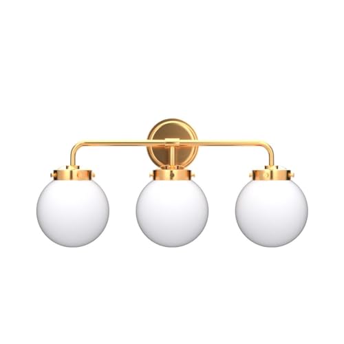 Image of Bathroom Light Fixtures 22.4in 3-Light Brushed Gold Vanity Light for Mirror | Bathroom Lighting Fixtures over Mirror, ETL, Brushed Brass Wall Sconce, Dimmable E12 Base Max 60W, Milky Glass Ball Shades