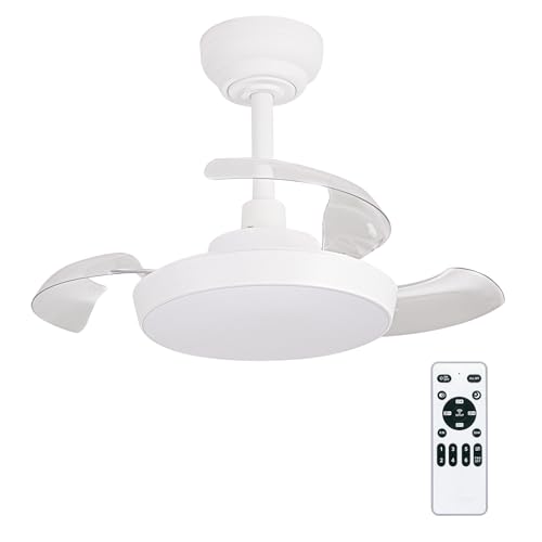 Ventilador de techo con luz con mando 3 aspas, Motor DC 30W+Luz LED,temporizador, 6 velocidades, aspas retráctiles, 3 temperaturas de luz, función verano-invierno Silencioso (Blanco Mate, 30CM)