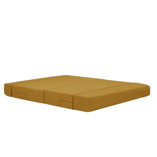 Image of Modern Jute Fabric Sofa Cum Bed with Cushion | 1-Seater Convertible Sleeper Sofa | Space Saving Folding Couch for Living Room, Bedroom & Guest Room-Golden